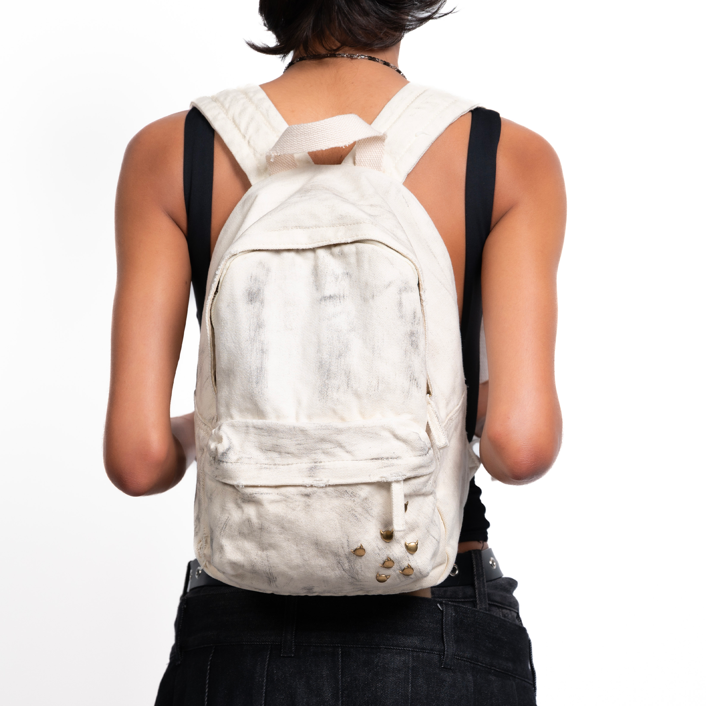 Rivets Backpack - White, Hand Finished